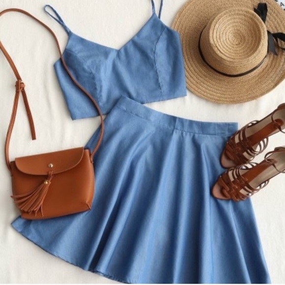 Lulus Other - Blue two piece smocked crop cami and skirt set